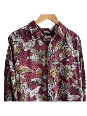 Vintage 100% Silk Mens Dress Shirt XL Maroon Floral Button Front Vintage Fall